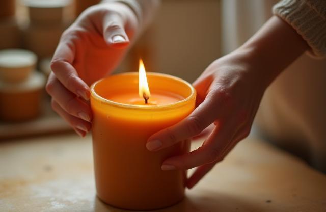 Hands pouring wax into a candle container