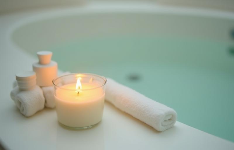 Handmade candle near a bathtub for relaxation