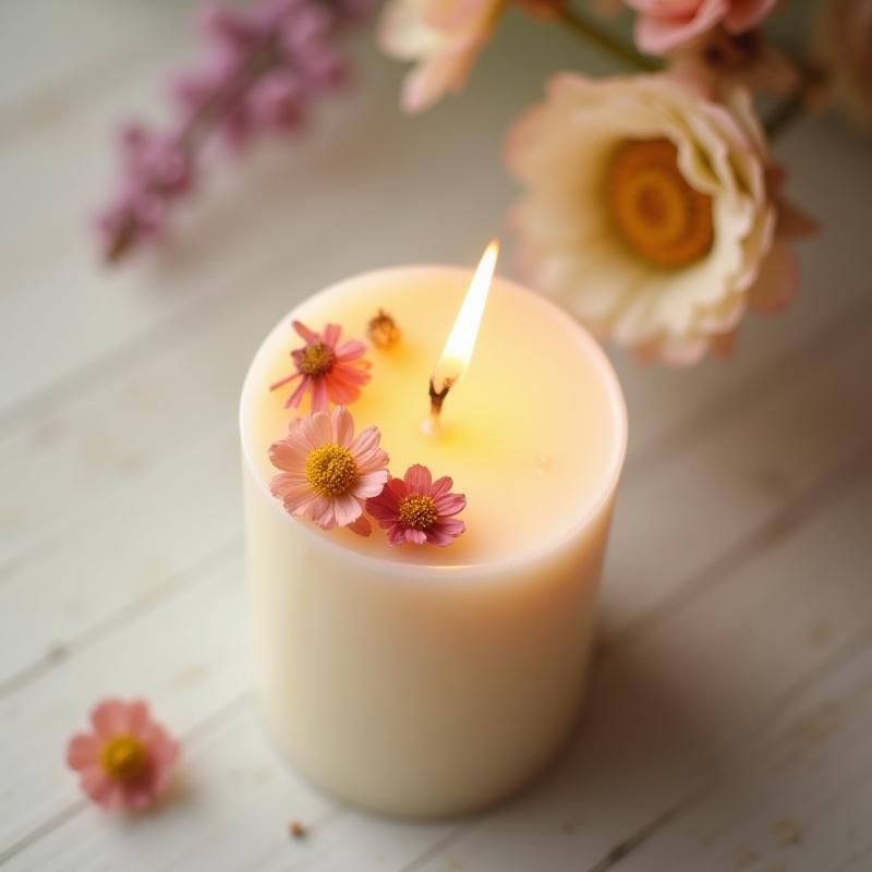 Handmade candle with dried flowers embedded