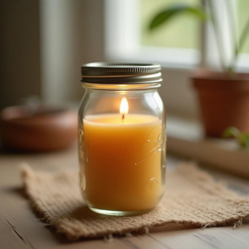 Handmade candle in a rustic mason jar